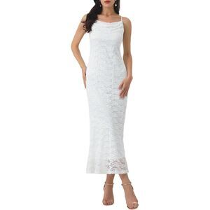 Lace Mermaid Cowl Neck Spaghetti Strap Cocktail Maxi Dress White